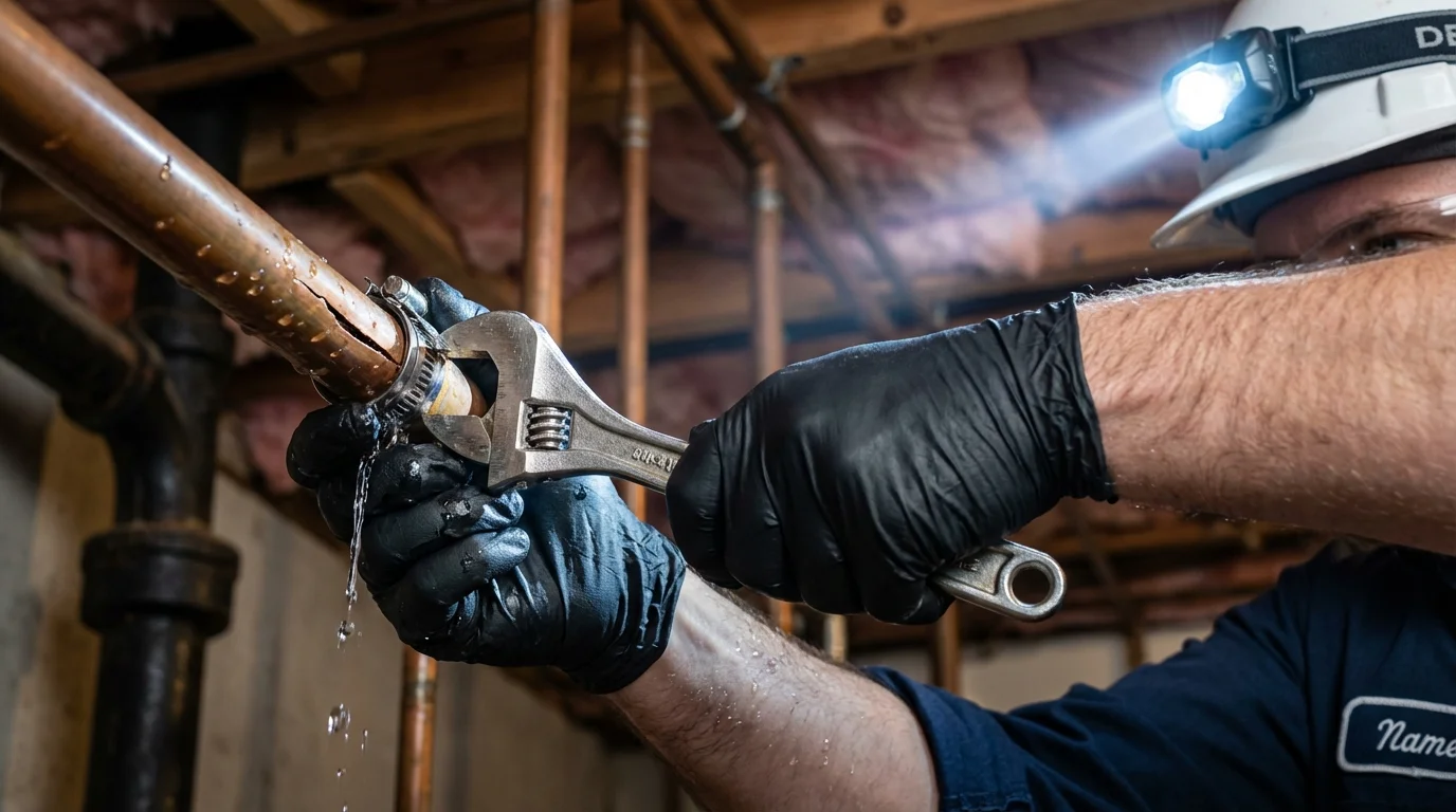 Emergency pipe clamp repair being performed by a Johns Plumbing LLC plumber in Eufaula