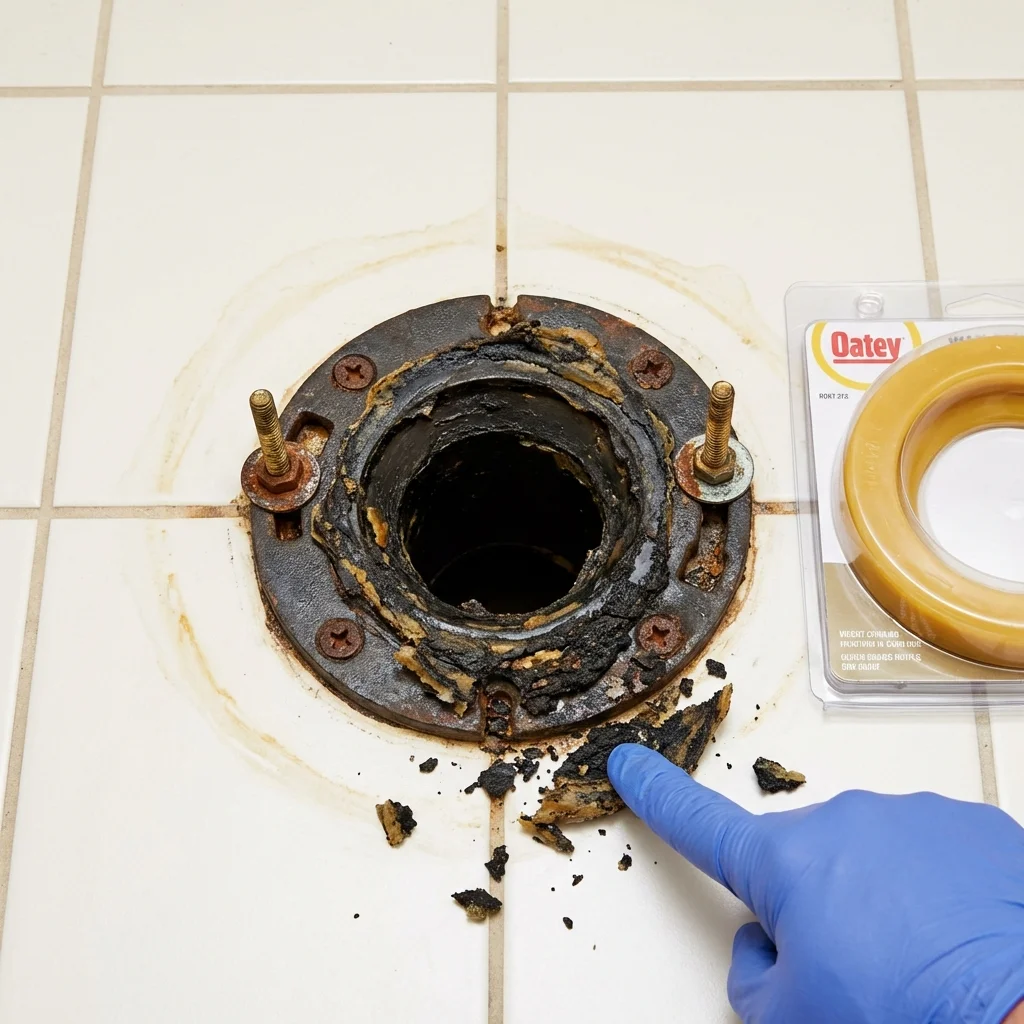 Failed wax ring showing water seepage at the base of a toilet in a Eufaula, AL home