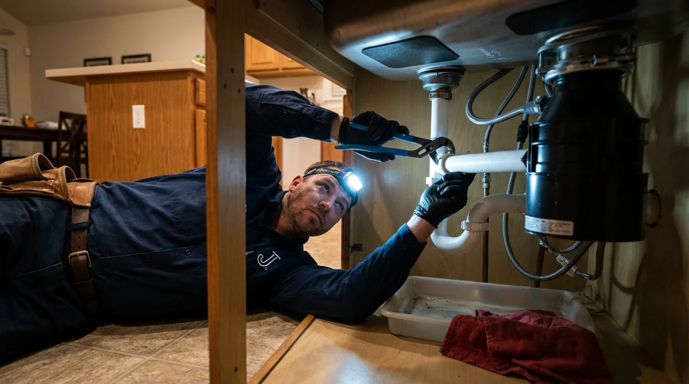 P-trap and supply line connections under a kitchen sink showing a common leak point in Eufaula, AL